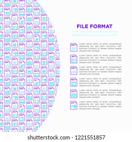 File formats concept with thin line icons: doc, pdf, php, html, jpg, png, txt, mov, eps, zip, css, js. Modern vector illustration, print media template.