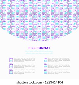 File formats concept with thin line icons: doc, pdf, php, html, jpg, png, txt, mov, eps, zip, css, js. Modern vector illustration, print media template.