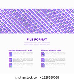 File formats concept with thin line icons: doc, pdf, php, html, jpg, png, txt, mov, eps, zip, css, js. Modern vector illustration, print media template.