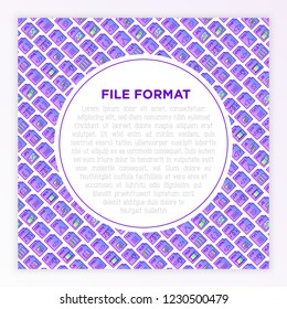 File formats concept with thin line icons: doc, pdf, php, html, jpg, png, txt, mov, eps, zip, css, js. Modern vector illustration, print media template.