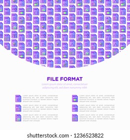 File formats concept with thin line icons: doc, pdf, php, html, jpg, png, txt, mov, eps, zip, css, js. Modern vector illustration, print media template.