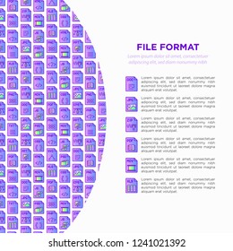 File formats concept with thin line icons: doc, pdf, php, html, jpg, png, txt, mov, eps, zip, css, js. Modern vector illustration, print media template.