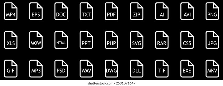 Formatos de arquivo em design simples. Ícones de linha de tipo de arquivo. Extensões de arquivos e documentos. Ícones para a interface do usuário. Ilustração vetorial isolada no plano de fundo preto.