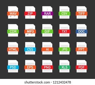 File formats flat icons set. White paper document pictograms with different file types, extensions. Web design graphic elements. Vector stock illustration.