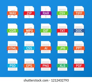 File formats flat icons set. White paper document pictograms with different file types, extensions. Web design graphic elements. Vector stock illustration.