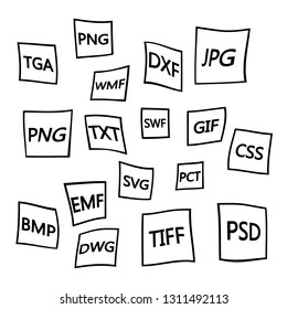 File formats flat icons set. White paper document pictograms with different file types, extensions. Web design graphic elements. Vector icons isolated on black background