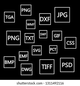 File formats flat icons set. White paper document pictograms with different file types, extensions. Web design graphic elements. Vector icons isolated on black background
