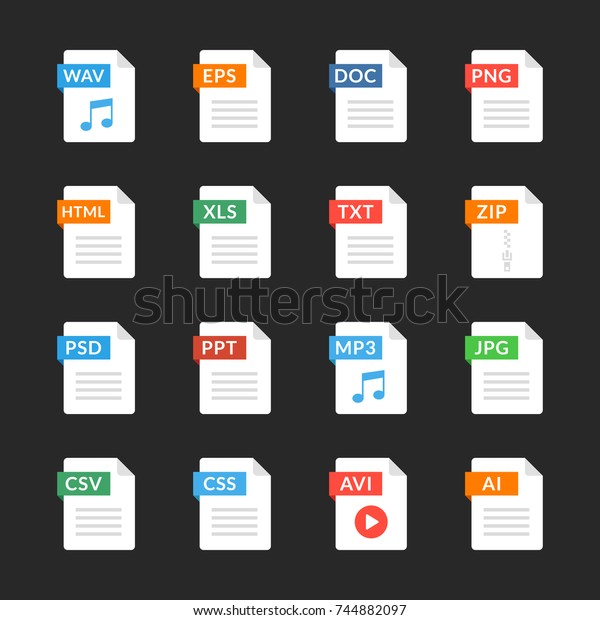 ファイル形式のフラットアイコンセット 異なるファイルの種類 拡張子を持つ白い紙のドキュメントの絵文字 ウェブデザイングラフィックエレメント 黒い背景にベクター画像アイコン のベクター画像素材 ロイヤリティフリー