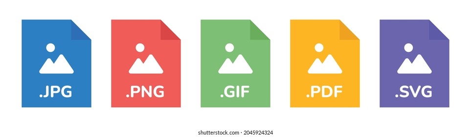 File formats icon. JPG, PNG, GIF, PDF and SVG file document icon vector illustration.