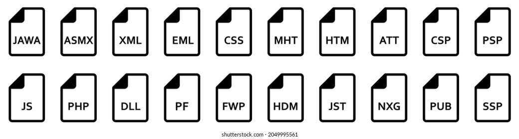 Icono de formatos de archivo. Varios archivos web diferentes. Iconos de tipo de archivo. Ilustración vectorial.