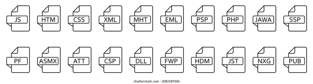 Icono de formatos de archivo. Varios archivos web diferentes. Iconos de tipo de archivo. Ilustración vectorial.