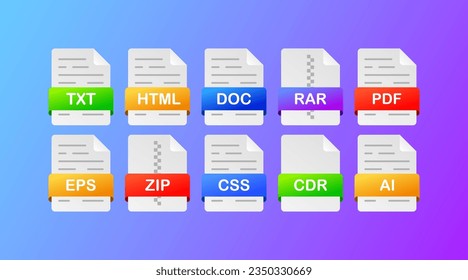 File formats icons. Flat, color, html, pdf, zip file formats. Vector icons