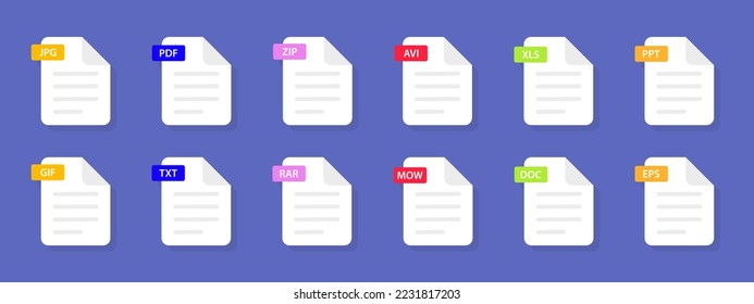 File formats icons set. Document types. Document file icons. Pdf, doc, jpg, xls, zip, rar, txt, avi, mow, eps. Icons for download. Graphic templates for ui in flat style. Vector illustration