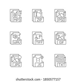 File formats pixel perfect linear icons set. Audio, lossless compression, web, raster image, text files. Customizable thin line contour symbols. Isolated vector outline illustrations. Editable stroke