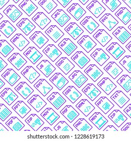 File formats seamless pattern with thin line icons: doc, pdf, php, html, jpg, png, txt, mov, eps, zip, css, js. Modern vector illustration for background.