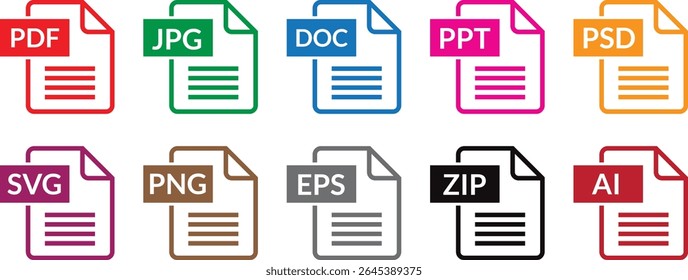 formatos de arquivo símbolos conjunto, texto do documento, informações de formato da Web, imagens, imagens vetoriais, formato de arquivo símbolo ilustração vetorial.