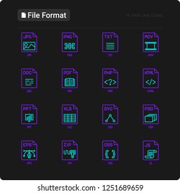 File formats thin line icons set: doc, pdf, php, html, jpg, png, txt, mov, eps, zip, css, js. Modern vector illustration for black theme.