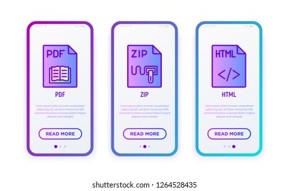 File formats thin line icons set: pdf, zip, html. Modern vector illustration for user mobile interface.