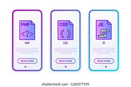 File formats thin line icons set: php, css, js. Modern vector illustration for user mobile interface.