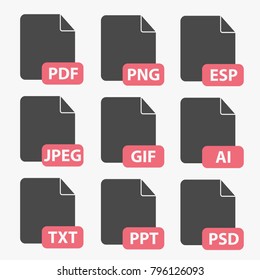 file formats vector icon set PDF, PNG, EPS, JPEG, GIF, AI, TXT, PPT, PSD