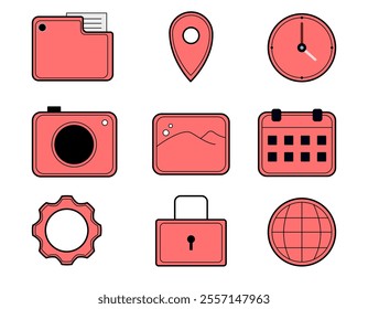 File, gps, clock, camera, picture, calendar, setting, security, web icons. For website marketing design, logo, app, template, ui, etc. Vector illustration.