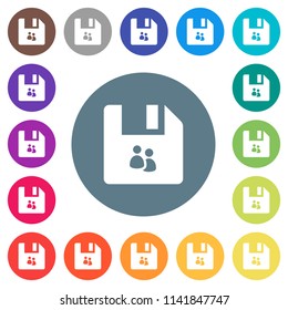 File group flat white icons on round color backgrounds. 17 background color variations are included.