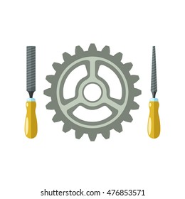 File hand tools and gear. Isolated vector illustration