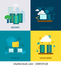 File hosting cloud storage data center users support service 4 flat icons composition abstract isolated vector illustration