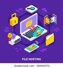 File hosting design concept set of data storage and exchange service isometric icons 3d vector illustration 