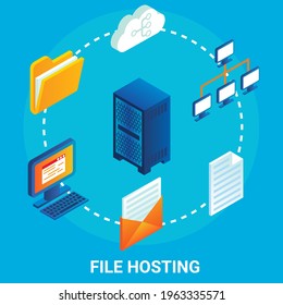 File hosting flowchart, vector illustration. Isometric server racks, user folder, computer, email, cloud storage. Internet hosting service. File sharing platform.