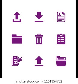 file icon. 9 file set with upload, download, clipboard and delete vector icons for web and mobile app