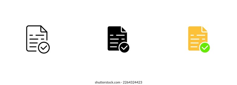File icon with a checkmark. Personal data security, information protection, uniqueness check. Vector set of icons in line, black and colorful styles isolated on white background.