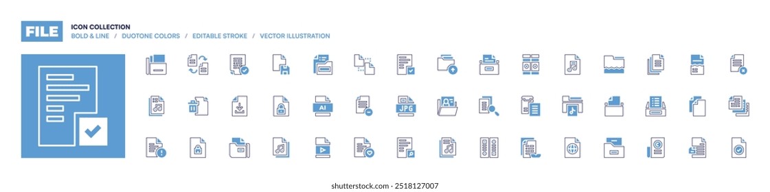 Colección de icono de archivo. Estilo de línea en negrita. Colores duotónicos. Video Música, archivo, expediente médico, archivo jpg, archivos, archivos y carpetas, ai, archivo, eliminar.