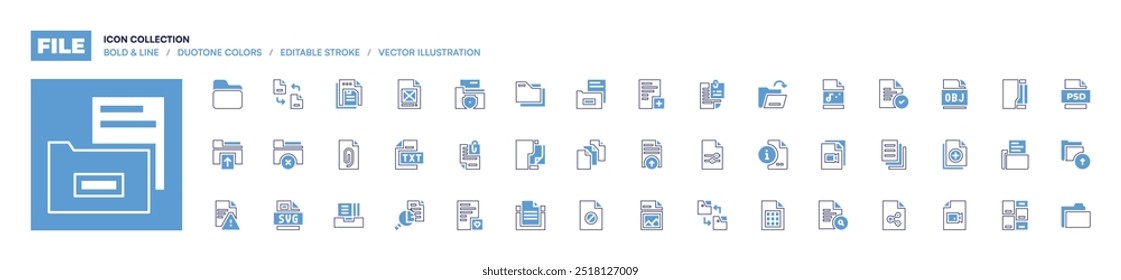 Colección de icono de archivo. Estilo de línea en negrita. Colores duotónicos. Trazo editable. película, archivo, Cargar, Imagen, archivos, eliminar, archivo adjunto, texto.