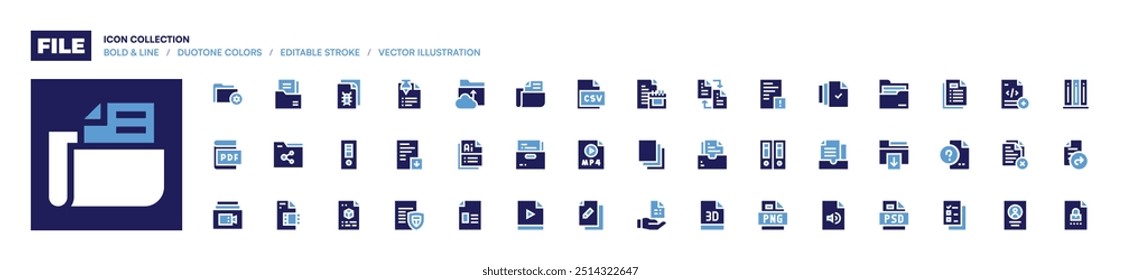 Coleção de ícones de arquivo. Estilo negrito. Cores duotônicas. documentos, pasta, arquivo, pdf, compartilhamento, vídeo, arquivo 3d, upload, formato de arquivo ai, texto.
