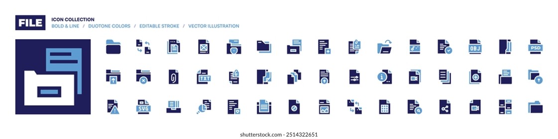 File icon collection. Bold style. Duotone colors. remove, file, attached file, exchange, save, file upload, corrupted, folder.