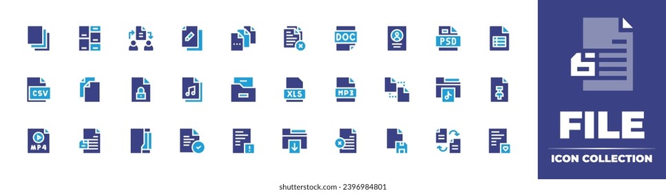 File icon collection. Duotone color. Vector and transparent illustration. Containing paper, plagiarism, csv, xls file, mp3 format, download file, file, psd, music, files, save.