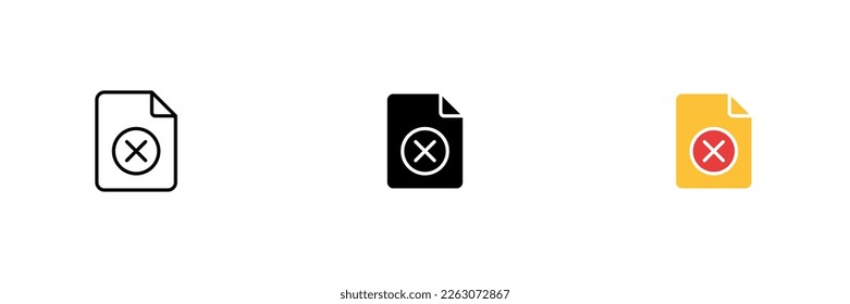 File icon with a cross. Blocked information, ban, text did not pass the uniqueness check. Vector set of icons in line, black and colorful styles isolated on white background.