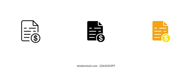 File icon with dollar sign. Remote work, salary, mail, chat. Vector set of icons in line, black and colorful styles isolated on white background.