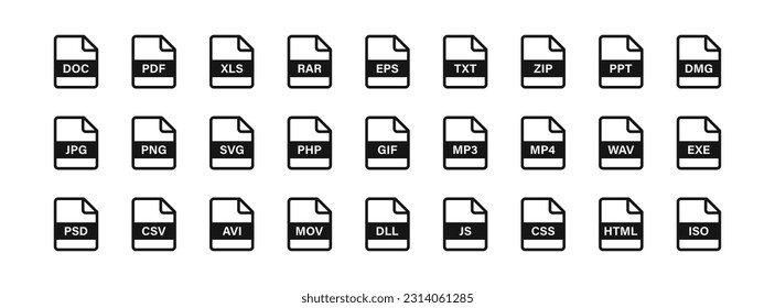 File icon. Format of documents on the computer symbol. jpg, pdf, doc, rar, eps, txt, zip, ppt signs. Video files symbols. Presentation, audio, design icons. Black color. Vector isolated sign.