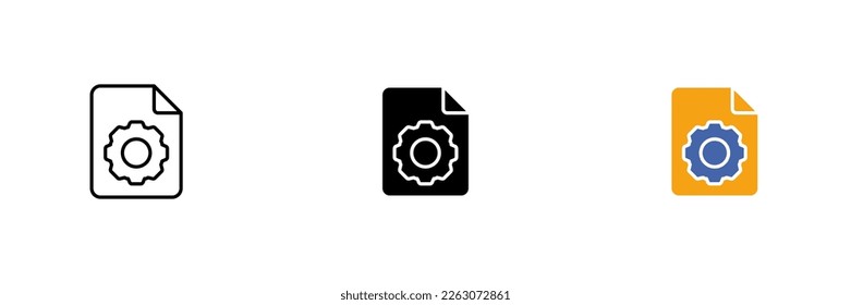 File icon with gear. Setting punctuation and orientation of files, setting formats. Vector set of icons in line, black and colorful styles isolated on white background.