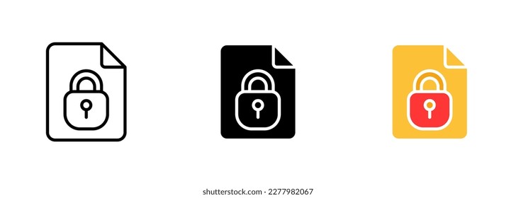 A file icon with a lock symbol, often used to represent a file that is protected or encrypted for security purposes. Vector set of icons in line, black and colorful styles isolated.