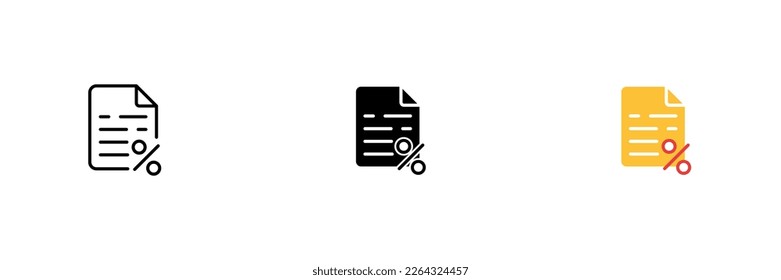 File icon with percent sign. Discounts on goods, installments, credit. Vector set of icons in line, black and colorful styles isolated on white background.
