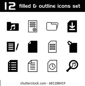 File icon. set of 12 file filled and outline icons such as music folder, serach music, file, paper, document, download document