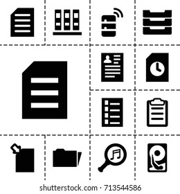 File icon. set of 13 filled file icons such as document, resume, serach music, clipboard, folder, table box, server, hard disc, binder, paper