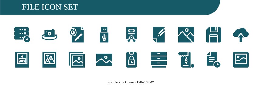  file icon set. 18 filled file icons. Simple modern icons about  - Server, Picture, File, Usb, Contract, Paper, Image, Floppy disk, Upload, Lock phone, Drawers, Invoice