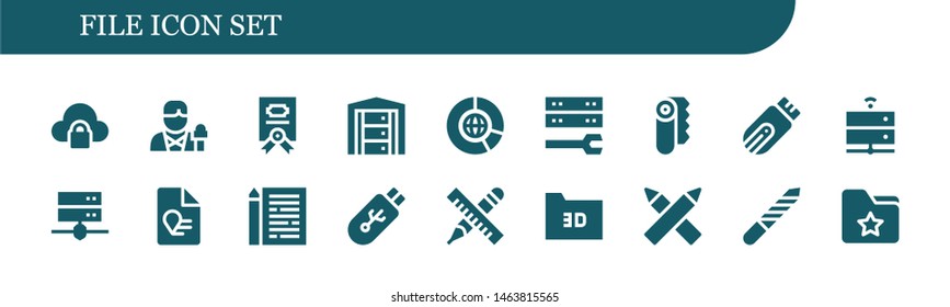 file icon set. 18 filled file icons.  Simple modern icons about  - Cloud computing, Reporter, Contract, Server, Big data, Paper, Pendrive, Report, Sheet, Pencil, Folder, Pencils