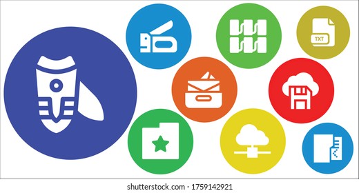 file icon set. 9 filled file icons.  Simple modern icons such as: Nail clippers, Stapler, Server, Folder, Cloud computing, Inbox, Diskette, Txt
