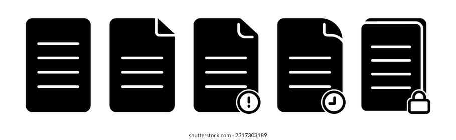 Conjunto de iconos de archivo. Símbolo de documento negro. Portapapeles en glifo. Icono de archivo negro. Documento de glifo. Archivo de inicio de sesión en negro. Documento en vector. Ilustración de acciones