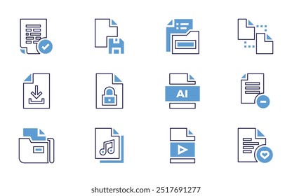 Conjunto de iconos de archivo. Estilo de línea en negrita. Colores duotónicos. Guardar Trazo editable. carpeta, registro médico, archivo, archivos, jpg, ^, Descarga de archivos, ai, eliminar.